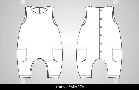 Ärmelloser Babytramper insgesamt technische Mode flache Skizze Zeichnen Vektorvorlage Vorder- und Rückansicht. Bekleidung Mock Mock Up Stock Vektor