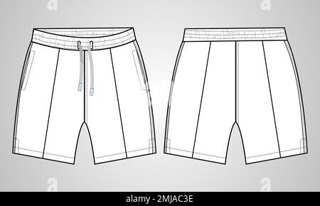 Jungen Sweat Shorts Vektor Mode flache Skizze Vorlage. Junge Männer Technische Zeichnung Modekunst Illustration. Stock Vektor