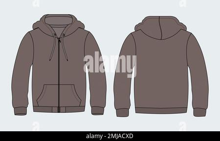 Langarm Hoodie mit Reißverschluss technische Mode Zeichnung Skizze Vorlage Vorder-und Rückansicht. Bekleidung Kleid Design Vektor Illustration Nachbildung Jacke Stock Vektor