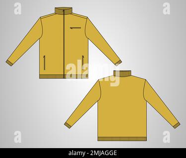 Langer Ausschnitt mit Ärmeln Design Gesamtdesign technische Skizze Vektorvorlage in Windjacke Vorder- und Rückansicht. Bomberjacke für Herren. Jacke Flach Stock Vektor