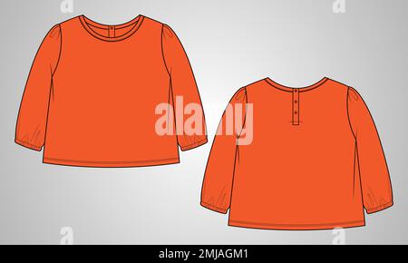 T-Shirt insgesamt technische Mode flache Skizze Vektor Illustration Vorlage Vorder- und Rückansicht. Basic Bekleidung Design Mock Up für Kinder und Jungen Stock Vektor