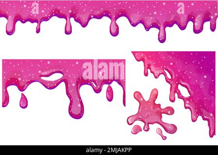 Isolieren Sie Slime Purple und Pink, Jelly Glaze mit Tropfen und Glitzer im Cartoon-Stil nahtlos auf weißem Hintergrund. Vektordarstellung Stock Vektor