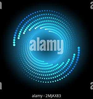 Ein blauer Kreis gepunkteter Halbtöne mit Neonlicht auf schwarzem Hintergrund. Stock Vektor