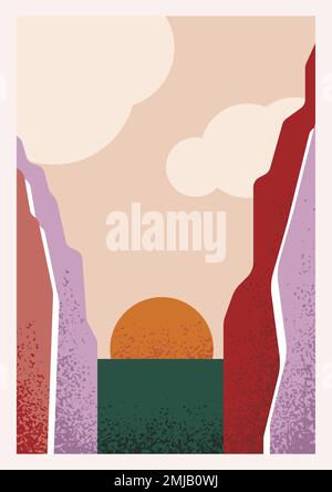 Japanische Landschaft. Dekorative Postkarte mit Sonnenuntergang in den Bergen Stock Vektor