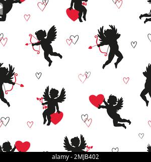 Süße Cupids, nahtloses Muster. Vector Valentines mit Engelssilhouetten. Stock Vektor