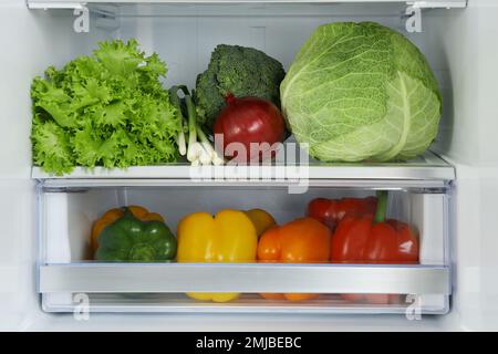 Offener Kühlschrank mit frischem Gemüse, Schließfach Stockfoto