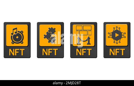 3D NFT-Tokenkarten in der Kryptografie. NFT-Karten mit Spiel, Musik, Video und Kunst. Ein nicht fungierbares Token mit Informationen aus der Blockkette. ERC20 Stock Vektor