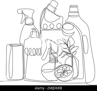 Durchgehende einzeilige Zeichnung von Flaschen für flüssiges Waschmittel, Bleichmittel, Weichspüler, Geschirrspülmittel oder anderes Reinigungsmittel. Text und Markenlogo lassen sich einfach platzieren. Vektordarstellung Stock Vektor