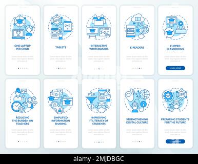 IKT in der Bildungsbranche: Blaues Onboarding von Bildschirmen für mobile Apps Stock Vektor