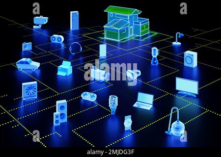 Internet der Dinge, die ein Haus umgeben, Illustration Stockfoto