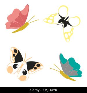 Ein Satz Schmetterlinge verschiedener Farben und Formen, isoliert auf weißem Hintergrund. Wunderschöne fliegende Insekten. Vektordarstellung im flachen Cartoon-Stil. Stock Vektor