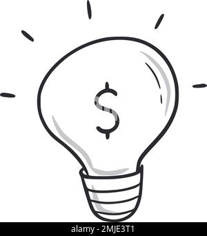 Dollarklopfer-Doodle. Handgezeichnetes Symbol für Geldideen-Glühlampe im Skizzenstil. Finanzideen-Comic-Doodle-Zeichnungskonzept. Vektordarstellung. Stock Vektor