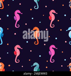 Seepferdchen mit nahtlosem Muster. Vector Aquarell farbenfroher Seepferdchen-Hintergrund. Stock Vektor