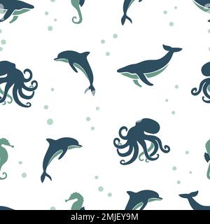 Nahtloses Muster von Meerestieren. Vektorhintergrund mit Wal, Delfin, Tintenfisch, Seepferdchen. Stock Vektor