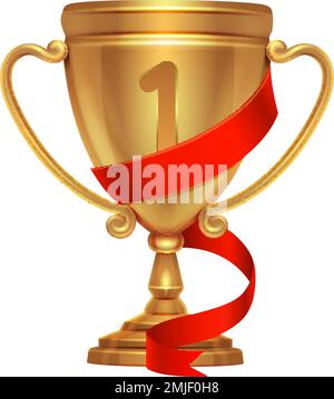 Sieger-Pokal. Realistische goldene Auszeichnung mit rotem Band Stock Vektor