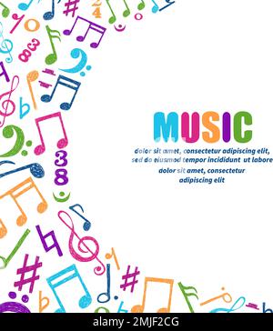 Doodle farbenfrohe Noten Zierrahmen isoliert auf weißem Hintergrund. Vektormusikhintergrund. Stock Vektor