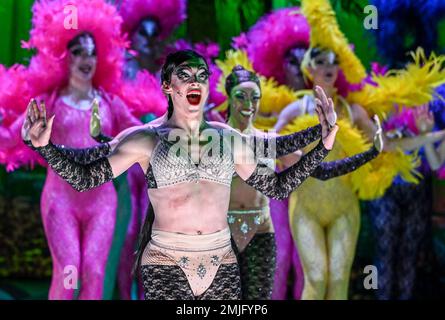 Berlin, Deutschland. 25. Januar 2023. Tänzer des Ensemblys sind während der Fotoprobe des Musicals „La Cage Aux Folles“ (Ein Käfig voller Narren) in der Komischen Oper auf der Bühne. Das Stück feiert seine Premiere am 28. Januar. Kredit: Jens Kalaene/dpa/Alamy Live News Stockfoto