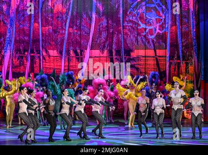 Berlin, Deutschland. 25. Januar 2023. Das Ensemble ist während der Fotoprobe des Musicals „La Cage Aux Folles“ (Ein Käfig voller Narren) in der komischen Oper auf der Bühne. Das Stück feiert seine Premiere am 28. Januar. Kredit: Jens Kalaene/dpa/Alamy Live News Stockfoto