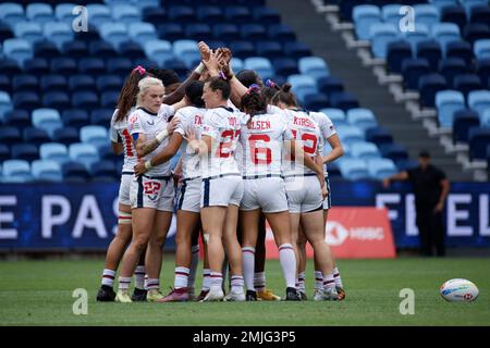 Sydney, Australien. 27. Januar 2023 Spieler aus den USA treffen sich vor dem Spiel Sydney Sevens 2023 zwischen den USA und Kanada im Allianz Stadium am 27. Januar 2023 in Sydney, Australien. Kredit: IOIO IMAGES/Alamy Live News Stockfoto