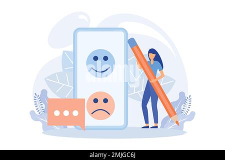 Feedback- und Umfragebildungs-Set. Personen, die positives 5-Sterne-Feedback geben, Emoji zur Bewertung der Zufriedenheit wählen und die Umfrage einreichen Stock Vektor