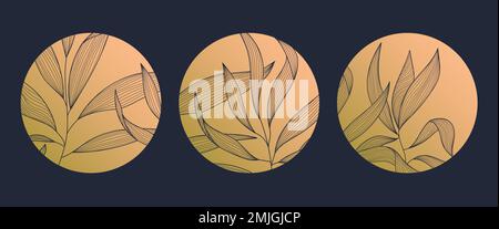 Vektorsatz mit abstraktem kreisförmigem linearem Logo im japanischen Stil. Blätter, Pflanzen, luxuriöses goldenes Emblem für Bio, Kosmetik, Naturprodukte, Tee, Blumen Stock Vektor
