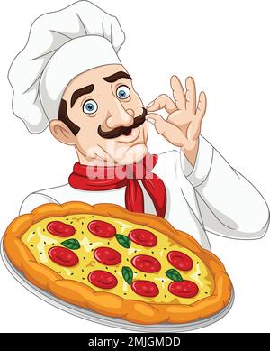 Ein Zeichentrickkoch-Mann mit einer Pizza Stock Vektor