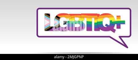 LGBTIQ-Schriftzug, Regenbogenfahne in Buchstaben in einem lila Sprechballon auf weißem Hintergrund. Vektorbild Stock Vektor