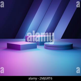 3D-Rendering des abstrakten geometrischen Hintergrunds in Lila und Blau. Szene für Werbung, Technologie, Showcase, Banner, Spiel, Sport, Kosmetik, Geschäft Stockfoto