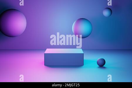 3D-Rendering des abstrakten geometrischen Hintergrunds in Lila und Blau. Szene für Werbung, Technologie, Showcase, Banner, Spiel, Sport, Kosmetik, Geschäft Stockfoto