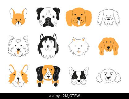 Das Symbol für den Kopfvektor des Hundes wird im Kritzelstil gesetzt. Husky Hundeschlittchen im Skizzenstil. Hübsche Haustiere sind abgebildet. Stock Vektor