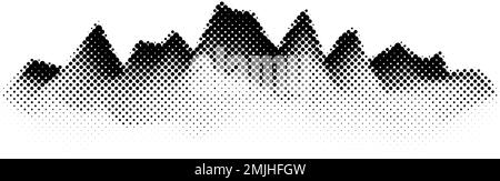 Getreidehalftone Berge. Verwaschene Landschaft und Gelände. Schwarz-weiß körnige Hügel. Grunge-Hintergrundgeräusche. Strukturierte Tapete. Stock Vektor