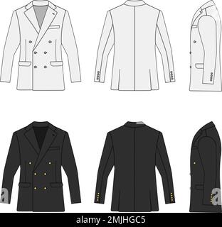 Zweireihiger Anzug Jacke Vektorschablone Illustration Set ( mit Seitenansicht) Stock Vektor