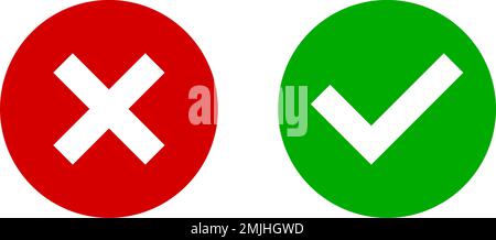 Symbole „Ja“ und „Nein“ oder „richtig und falsch“ oder „genehmigt und abgelehnt“ mit Häkchen und X-Zeichen in grünen und roten Kreisen. Vektorbild. Stock Vektor