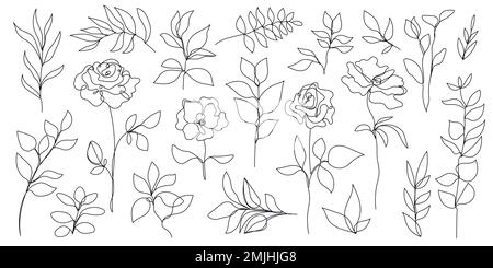 Vektorset handgezogener, durchgehender, einreihiger Blumen, Pflanzen, Blätter. Kunstblumen-Elemente. Zur Verwendung für T-Shirt-Muster, Logos, Kosmetik und Schönheit Stock Vektor