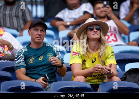 Sydney, Australien. 27. Januar 2023 Fans, die Australien während des 2023 stattfindenden Spiels Sydney Sevens zwischen den USA und Spanien im Allianz Stadium am 27. Januar 2023 in Sydney, Australien unterstützen. Gutschrift: IOIO IMAGES/Alamy Live News Stockfoto