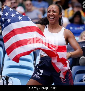 Sydney, Australien. 27. Januar 2023 Fans, die die USA während des 2023 stattfindenden Spiels Sydney Sevens zwischen den USA und Spanien im Allianz Stadium am 27. Januar 2023 in Sydney, Australien unterstützen. Kredit: IOIO IMAGES/Alamy Live News Stockfoto