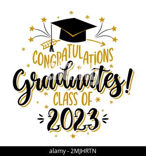 Herzlichen Glückwunsch Absolventen Klasse 2023 – Designvorlage für Abzeichen in Schwarz und Gold. Glückwunsch Absolventen 2023 Banner Aufkleberkarte mit Acad Stock Vektor