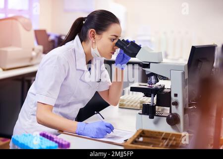 Immer auf der Suche nach einem Heilmittel. Ein junger Wissenschaftler, der sich Notizen macht, während er ein Mikroskop im Labor benutzt. Stockfoto