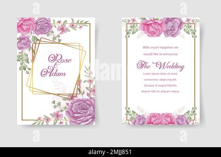 Blumenmuster für Hochzeitseinladungen. Goldener polygonaler Rahmen, beige Rosen, rosa Rosen, Beeren, grüne Pflanzen, Eukalyptus. Alle Elemente sind isoliert. G Stock Vektor