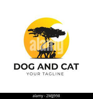 Akazienbaum mit Hund und Katze Silhouette für Safari-Abenteuer. Sonnenaufgang Logo-Design-Vektor Stock Vektor