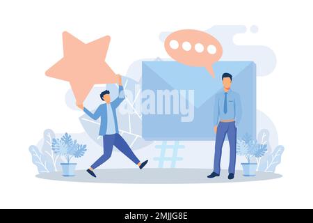 Geben Sie Feedback und gehen Sie die Abbildung durch. Personen, die positives Feedback an den Helpdesk-Service geben. Bewertungsskala und Kundenzufriedenheitskonzept. Flacher Vektor Stock Vektor