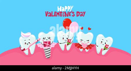 Happy Valentine's Day - Zahnfiguren im Kawaii-Stil. Handgezeichnete Zahnfee mit lustigem Zitat. Gut für Plakate zur Schulvermeidung, Grußkarten, Stock Vektor