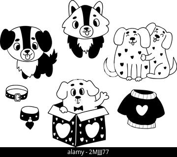 Romantische Hunde. Süße Haustiere. Lustige Welpen, Hund in der Box und ein paar Mungrels umarmen. Vektordarstellung. Isoliertes Doodle für Design und Dekor von Valen Stock Vektor