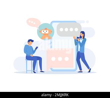 Illustrationssatz für den Kundendienst. Charaktere, die die Online-Helpdesk-Plattform verwenden. Personen, die Fragen stellen und Antworten vom Helpdesk-Mitarbeiter erhalten o Stock Vektor