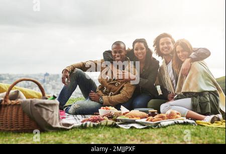 Beste Freunde für immer. Portrait einer Gruppe junger Freunde, die Spaß bei einem Picknick haben. Stockfoto