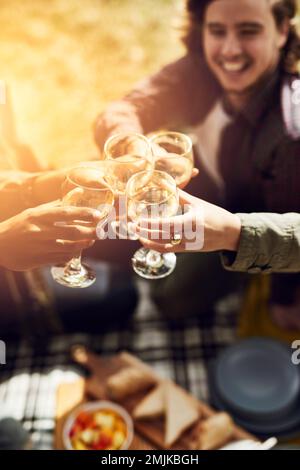 Wir feiern gute Zeiten mit gutem Wein. Eine Gruppe junger Freunde, die Spaß bei einem Picknick haben. Stockfoto