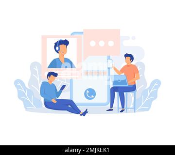 Illustrationssatz für den Kundendienst. Charaktere, die die Online-Helpdesk-Plattform verwenden. Personen, die Fragen stellen und Antworten vom Helpdesk-Mitarbeiter erhalten o Stock Vektor