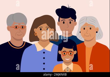 Portrait Der Big Happy Multigenerational Family Vector Illustration In Flat Style Stock Vektor