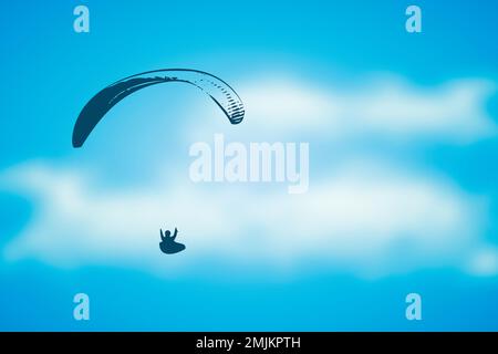 Paragliding-Abenteuer-Gleitschirmfliegen am blauen, wolkigen Himmel Stock Vektor