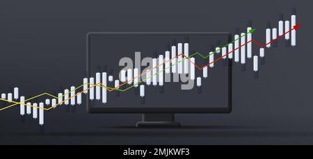 Schwarzer Desktop-Computer, 3D-Darstellung, Mono-Chrom, mit Balkendiagramm für Aktieninvestitionen, Renderstil Stock Vektor